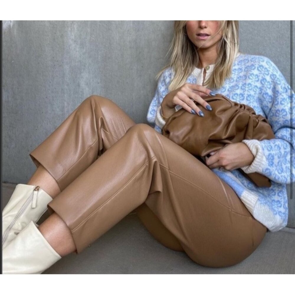 Aritzia Babaton Agency taupe vegan leather straight leg pants size 4 S